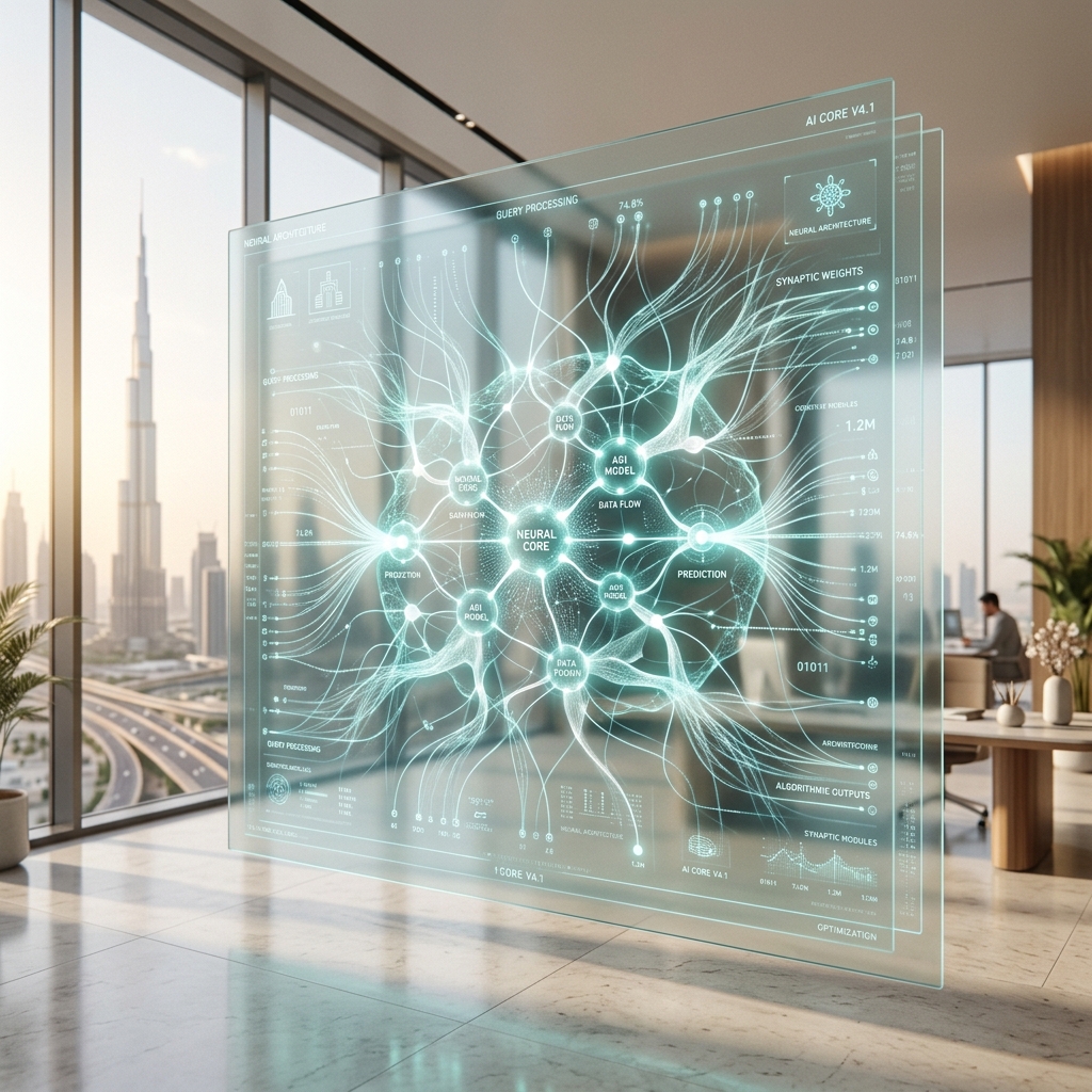 A cinematic, high-end 3D rendering of a futuristic AI neural network interface glowing with soft teal and white light.